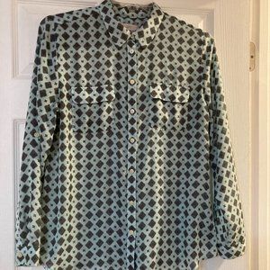 LOFT Silky Long Sleeve Blouse Blue/Green Size L